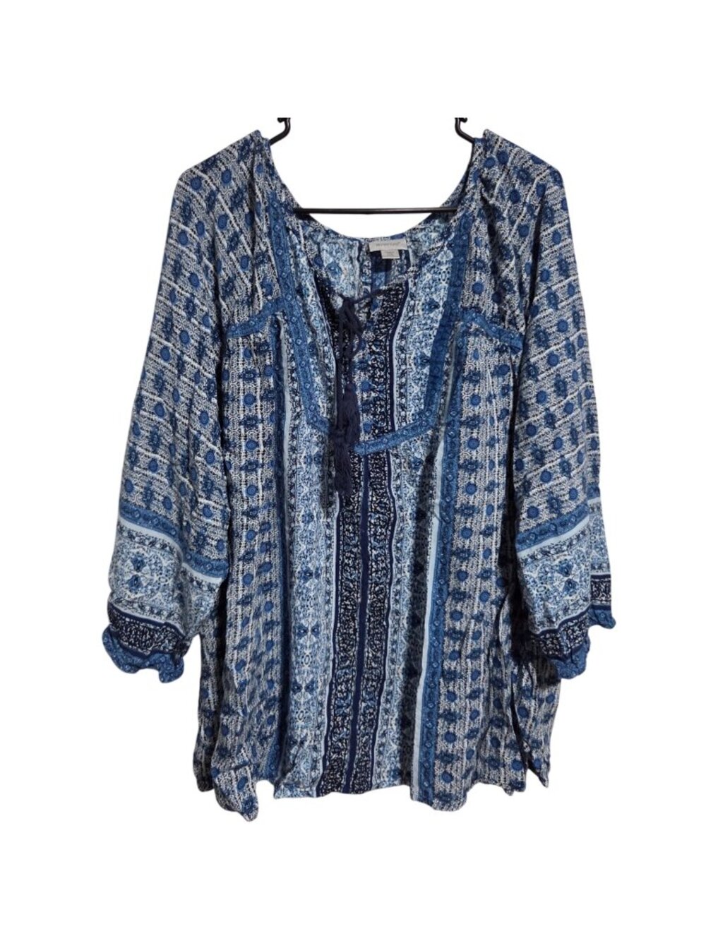 Avenue Peasant Blouse Plus Size 22 24 Blue Mixed Print Coastal Boho Peasant